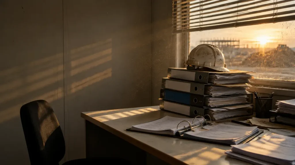 Stacks of lever arch files and loose paperwork on a desk in an empty construction site office, with a hard hat resting on top.