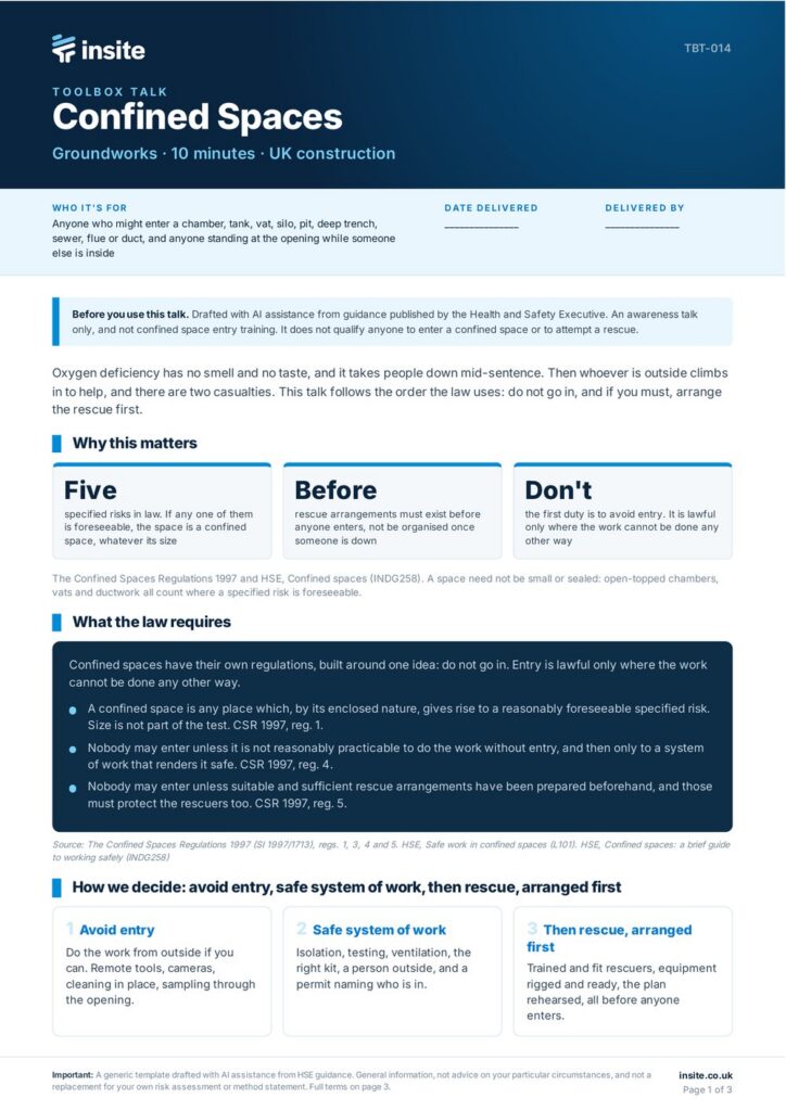 Front page of the Insite confined spaces toolbox talk for UK construction sites