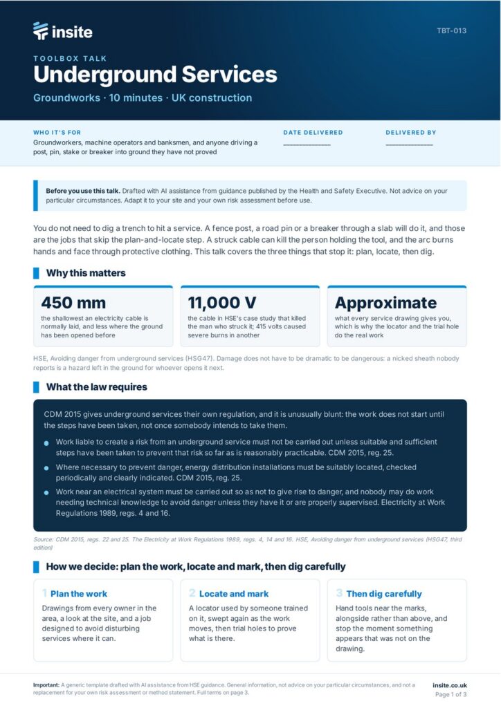 Front page of the Insite underground services toolbox talk for UK construction sites