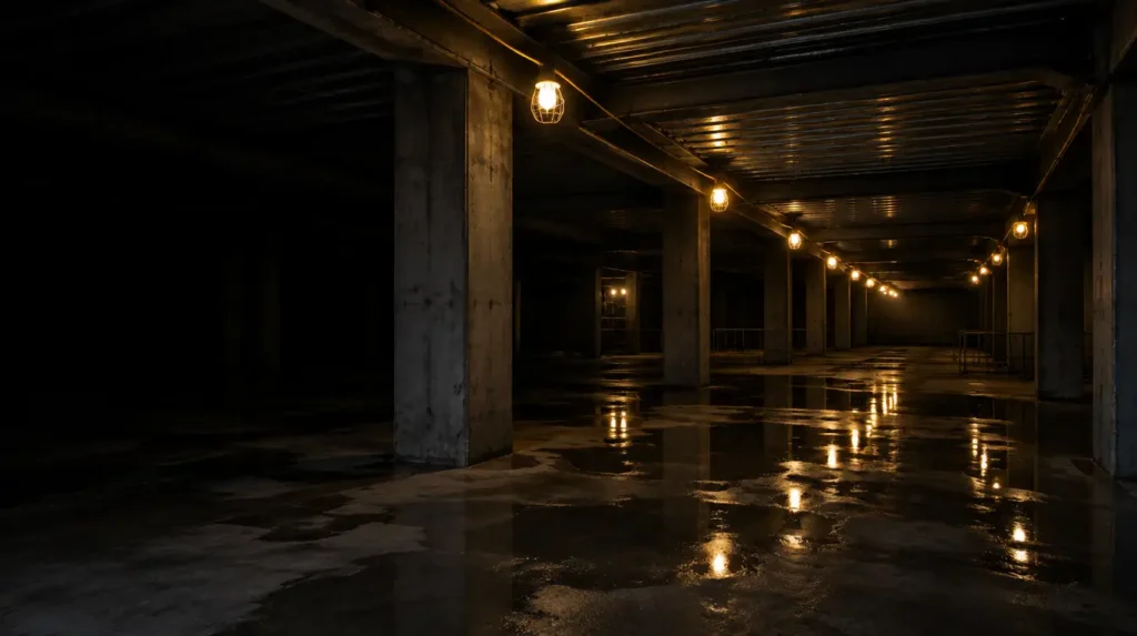 Unfinished basement level of a construction site lit by temporary festoon lighting, with bare concrete columns, a steel deck soffit and puddles on the slab.