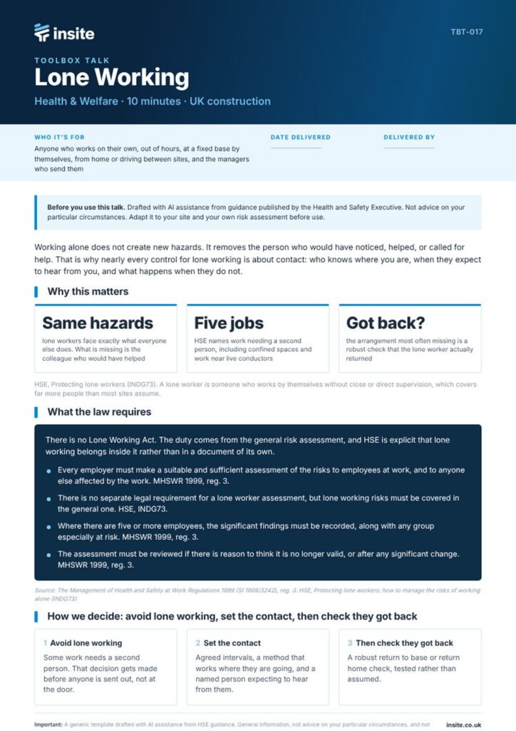 Front page of the Insite lone working toolbox talk for UK construction sites