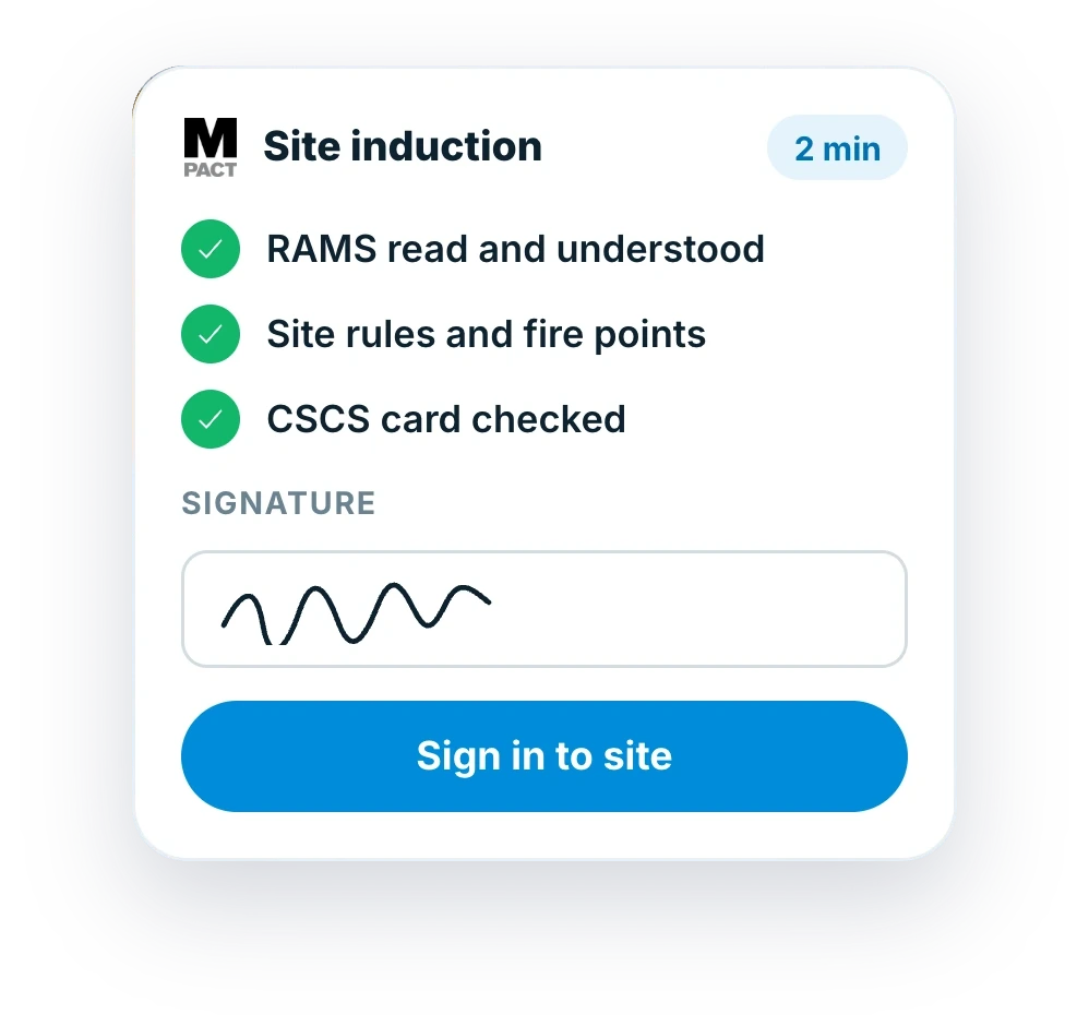 MPACT site induction in the Insite app, with RAMS, site rules and CSCS card checks signed before signing in to site