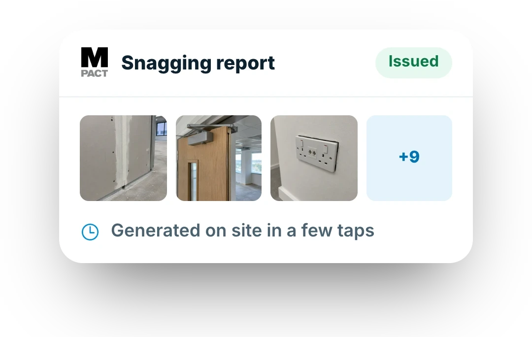 Insite snagging report card for MPACT Group, issued with photos, generated on site in a few taps