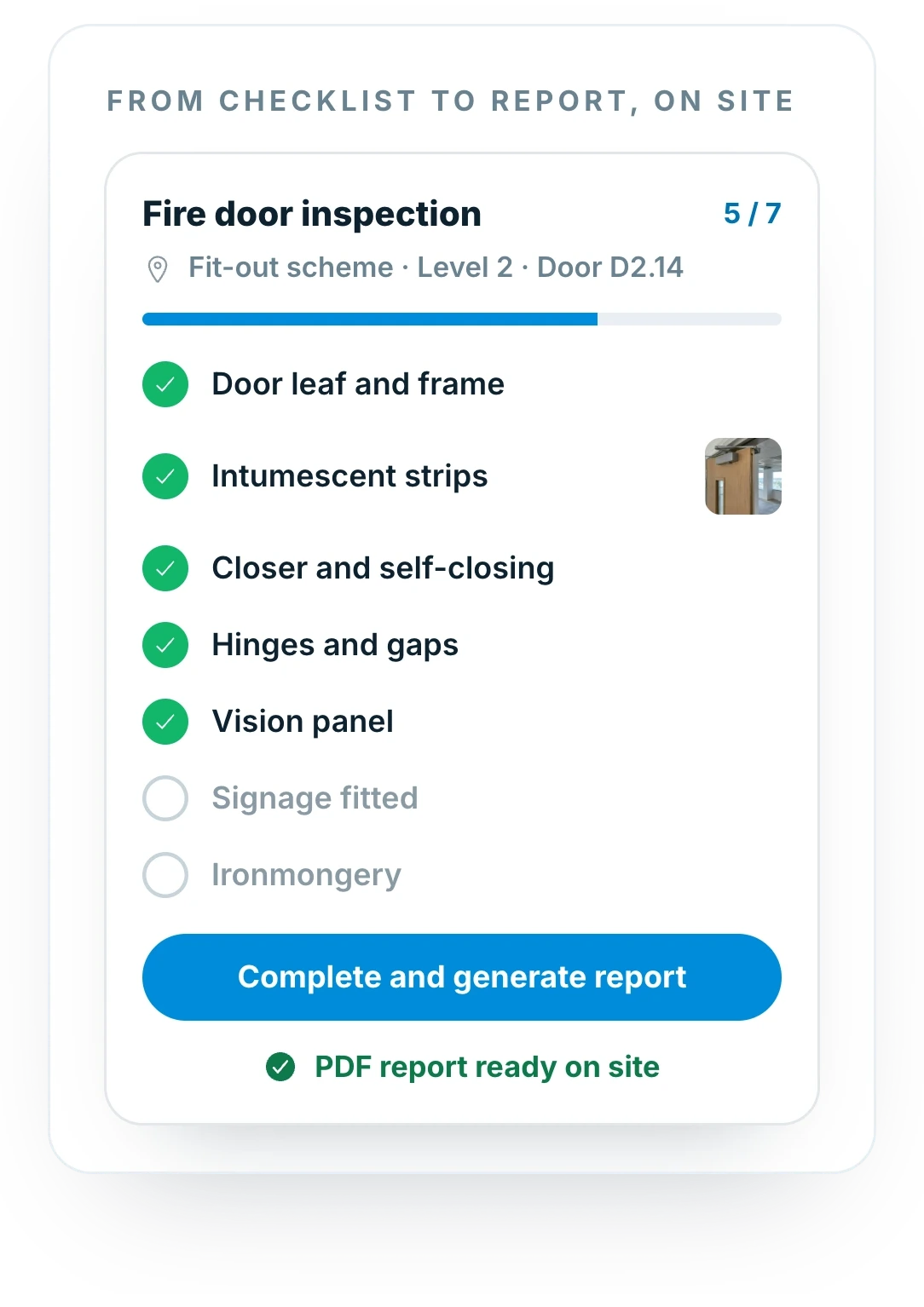 Insite mobile app showing a snag logged on site, ready to generate a PDF report