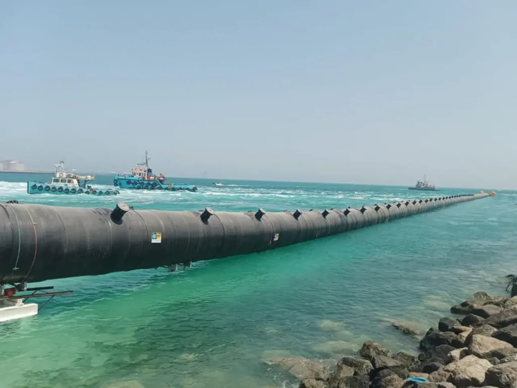 Large diameter polyethylene sea outfall pipe welded by Thermofuse Pipelines being floated out to sea
